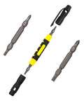 Real Deal Four Piece Mini Pen Screwdriver Kit Featuring Versatile Four In One Double End Bits for Phillips and Flathead jobs laid out on a white background.