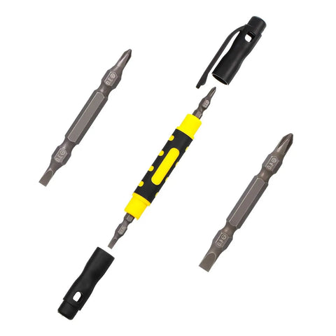 Real Deal Four Piece Mini Pen Screwdriver Kit Featuring Versatile Four In One Double End Bits for Phillips and Flathead jobs laid out on a white background.