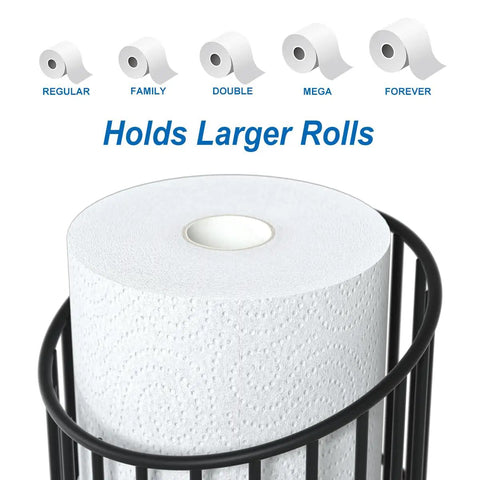 Black Toilet Paper Holder Stand For Bathroom, Freestanding Toilet Paper Storage Organizer With Four Roll Capacity shown with mega roll