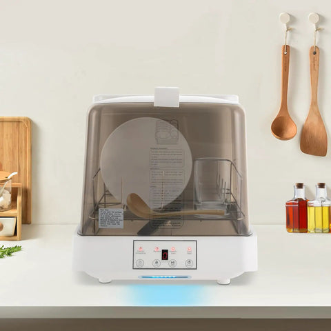 Portable Countertop Mini Dishwasher With 360 Degree Rotating Spray Heads And 1.59 Gallon Tank visible on kitchen counter