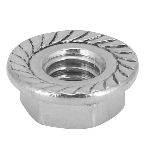 Close-up of serrated flange nut from 20 Piece M6 Stainless Steel Screws With Flange Nuts Set 304 Grade Hardware Fasteners