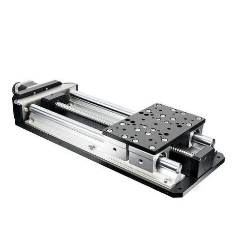 Top Tier Heavy Duty Motorized Linear Stage Featuring A Slick Ball Screw Drive Electric Translating Platform With Rock Solid 200mm Travel Range And Pro Grade 30Kg Load Capacity, showcasing its aluminum build and ball screw drive.
