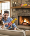Couple discussing Two Pack Of Knockout Chimney Fire Suppressant That Handles Flue Infernos Quickly Csia Certified on a couch by a fireplace.
