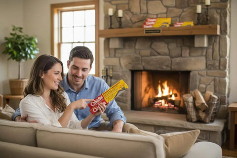 Couple discussing Two Pack Of Knockout Chimney Fire Suppressant That Handles Flue Infernos Quickly Csia Certified on a couch by a fireplace.