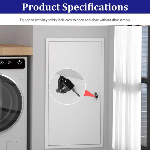 Hella Tough Aluminum Attic Access Door With Secure Key Lock For Drywall Ceilings Walls showing key lock detail in a laundry area.
