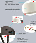 Diagram of a Modern Swing Arm Bedside Wall Lamp with adjustable arm, off-white fabric shade, and black finish detailing features.