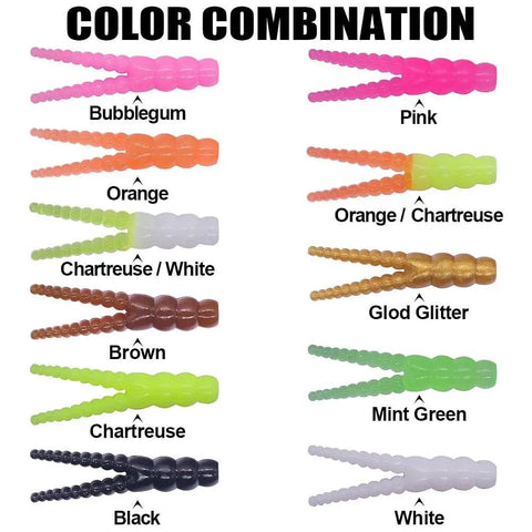 Color combinations of split tail grub worms in All In One Trout Fishing Lure Kit 165 Piece Set With Split Tail Grub Worms Shad Dart Jig Heads Floats And Sinkers For Creek And River Freshwater Fishing Ideal For Seasonal Trout Crappie And Panfish.
