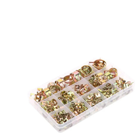 Rock Solid 115 Piece Hose Clamp Assortment Kit With Colored Zinc Plated Spring Clips For Water Tubes Air Pipes And Automotive Plumbing Fasteners That Are Durable Versatile And Perfect For Any Home Repair Job You Might Have, 115-piece zinc-plated clips in organizer