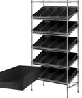 Heavy Duty Metal Wire Shelving Rack With Twenty Slanted Storage Bins 18X36X74 For Garage Workshop Warehouse Tool Organization Built Tough And No Sweat Assembly In Black and chrome frame.