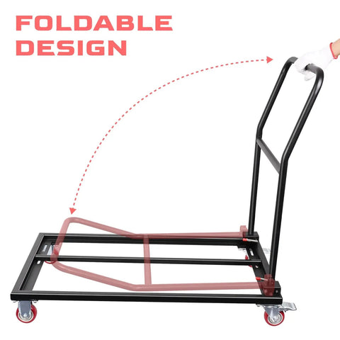 Heavy Duty Folding Chair Dolly Holds Up To 1500 Lbs Beefy Steel L Shaped Cart for party rentals, shown with foldable design.