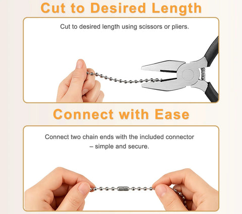 120 Inch Ceiling Fan Pull Chain Extender With Stainless Steel Ball Chain 12 Connectors being cut with pliers and connected by hands.