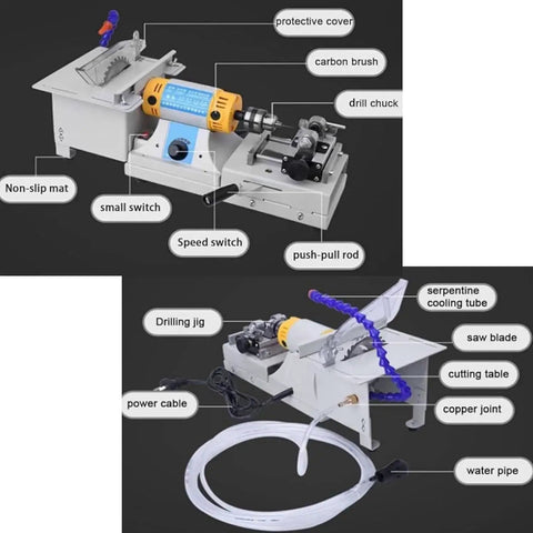 Industrial Grade 750W Mini Table Saw Featuring Integrated Polisher With Rapid Speed Knob Delivers Hella Accurate Bench Lathe Function For Clean Wood And Metal Work with labeled parts.