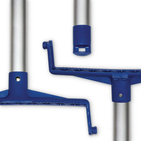No Sweat Cleanup With This Stand Up Commercial Dustpan Featuring A 30 Inch Aluminum Handle And Serrated Comb Edge Locking Yoke Pack Of 6 Blue Facility Floor Care Bins handle connections and locking yoke view