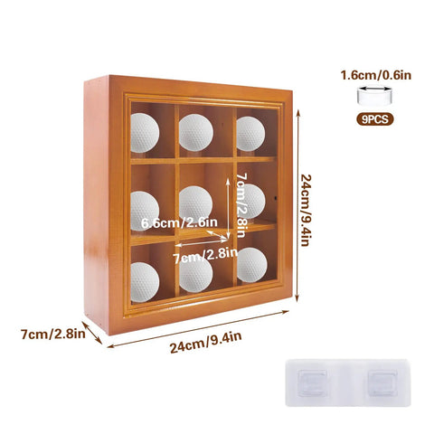 Wooden nine hole golf ball display case with ring bases for tabletop or wall, clear acrylic door, 9 separate slots, dimensions shown