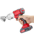 Powerful 600W Cordless Electric Scissor Shears With 36V Dual Battery System And Two Speed Settings Cuts Iron Steel Aluminum Smoothly Heavy Duty Industrial Metal Cutter held in hand.