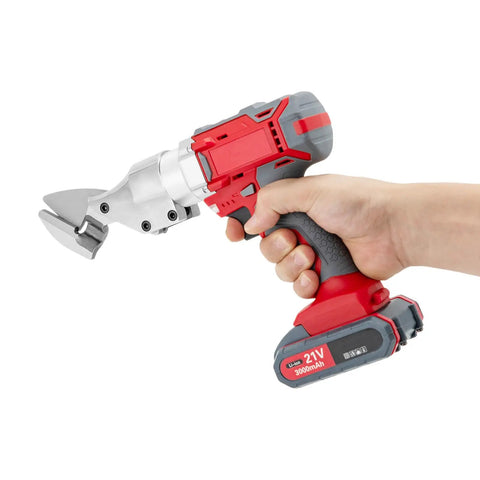Powerful 600W Cordless Electric Scissor Shears With 36V Dual Battery System And Two Speed Settings Cuts Iron Steel Aluminum Smoothly Heavy Duty Industrial Metal Cutter held in hand.