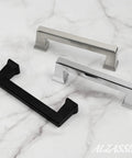 Solid Matte Black Cabinet Pulls Set Of Ten Three And Three Quarter Inch Overall Length With Three And A Quarter Inch Hole Centers Modern Kitchen Cabinet Handles For Cabinets Drawers shown with silver and chrome handles