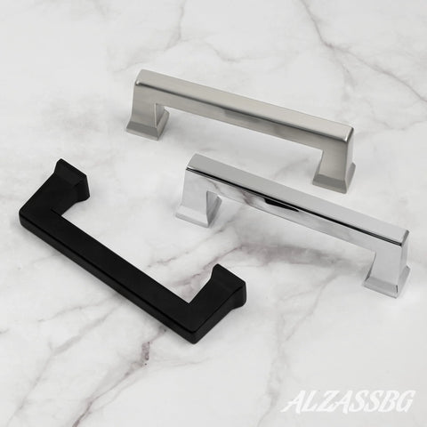 Solid Matte Black Cabinet Pulls Set Of Ten Three And Three Quarter Inch Overall Length With Three And A Quarter Inch Hole Centers Modern Kitchen Cabinet Handles For Cabinets Drawers shown with silver and chrome handles