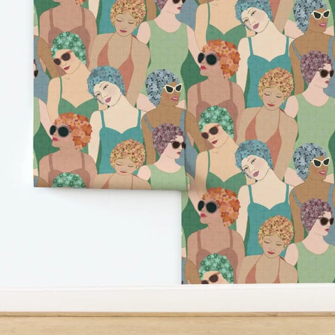 Hella Durable Art Deco Wallpaper Featuring Elegant Feminine Designs With Super Tough Linen Texture Surface And Pvc Free Type Ii Professional Covering For Interiors And Living Rooms, patterned with vintage women in swim caps.