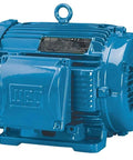 WEG electric motor, blue, 1.5 HP, 3-phase, 143/5T frame, ball bearings, side view with shaft