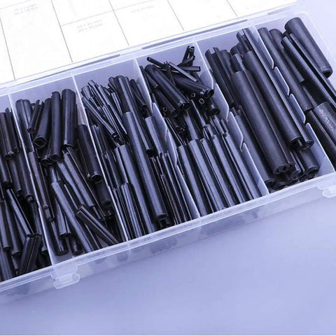 Roll Pin Assortment Kit With 19 Sizes In A Built Tough Metal Storage Box, showcasing industrial-grade split pins arranged.
