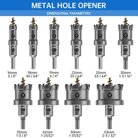 Metal hole saw set featuring various sizes, ideal for precise cutting tasks, including 5/8 to 2 3/32 inch ranges.