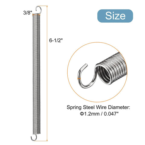 Side view of two extended tension springs with dual hooks, 6-1/2 in long, 3/8 in coil diameter, 0.047 in steel wire