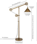 Diagram showing dimensions of Pulley System Floor Lamp With Ribbed Glass Shade In Blackened Bronze And Clear, Adjustable 70 Inch Tall Lighting.