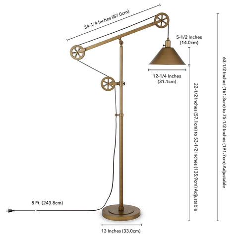 Diagram showing dimensions of Pulley System Floor Lamp With Ribbed Glass Shade In Blackened Bronze And Clear, Adjustable 70 Inch Tall Lighting.
