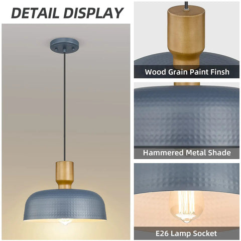 Lit Hammered Metal Pendant Light With Adjustable Height Modern Ceiling Hanging Fixture For Kitchen Island Faux Wood Top Iron Pendant