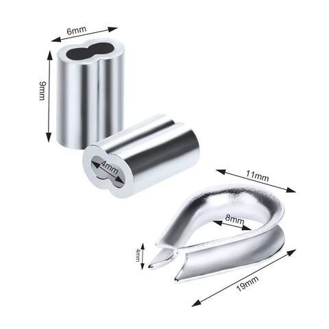 Close-up of aluminum crimp sleeves and a stainless thimble from Vinyl Coated Stainless Steel Picture Hanging Wire Rope Cable Kit.