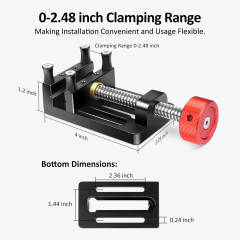Mini Drill Press Vise With Rubber Soft Jaws, 0-2.48 Inch Clamping Range, showing dimensions and red handle.