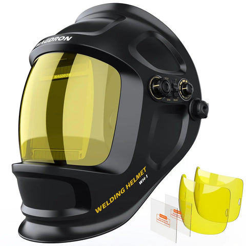 Auto Darkening Welding Helmet With Large Viewing Area 3.94 x 3.66 Inches, True Color Optical Clarity, side view with lenses