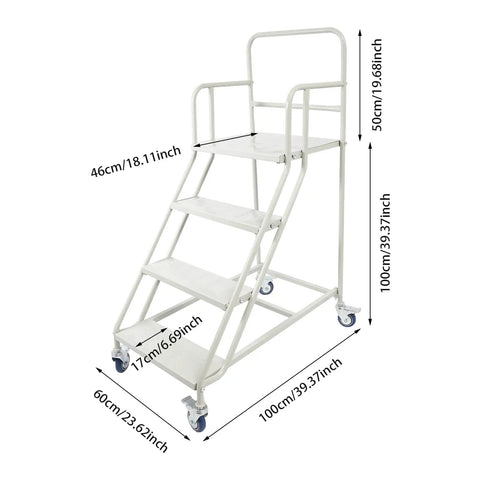 Rock Solid Four Step Rolling Ladder With Sturdy Rails And Non Slip Steel Treads showing dimensions and features for warehouse access.