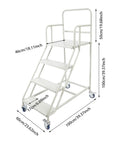 Industrial Four Step Rolling Ladder With Smooth Glide Casters And Non Slip Treads For Daily Shop Grinds Climb Up Easy To Grab Those High Shelves Without Breaking A Sweat Handles 880 Pounds Of Heavy Equipment Securely side view with dimensions