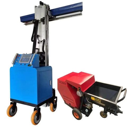 Professional Grade Fully Automatic Wall Leveling Machine Compact Cement Plaster Tool with control panel and red plaster cart.