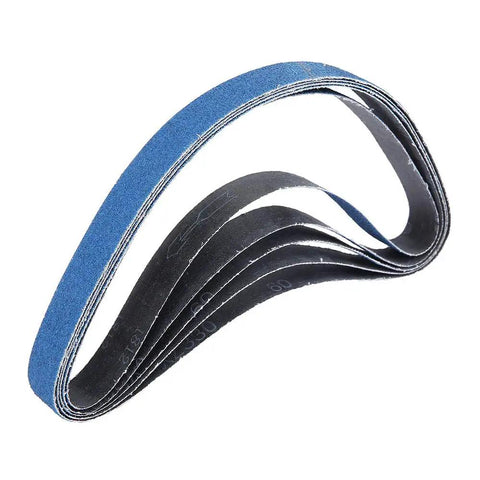 10 Pack P80 Sanding Belts 13Mm X 457Mm Heavy Duty Zirconium Abrasive shown in a twisted arrangement for sanding wood and metal.