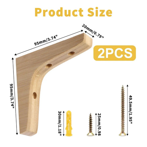 Solid Wood Shelf Brackets Set Of Two L Shape Corner Supports With Mounting Screws For Easy Install In Kitchen Bedroom Living Room And Pantry, 3.74 By 3.74 By 0.79 Inches, Smooth Rounded Edges showing dimensions and screws
