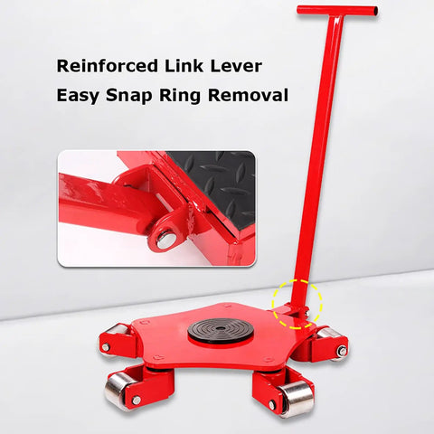 Heavy Duty Workhorse Industrial Machinery Mover With Five Wheel Moving Skate And 360 Degree Rotating Disc Non Slip Cap Carbon Steel Construction Easy Lift Handle Ideal For Equipment Transport Up To 11000 Lbs., red with handle and five rollers