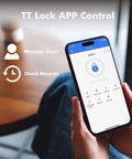 Smartphone displaying app control screen for Fingerprint Keyless Entry Door Lock With Smart Deadbolt And App Control, 0.3 Second Unlock.