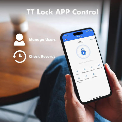 Smartphone displaying app control screen for Fingerprint Keyless Entry Door Lock With Smart Deadbolt And App Control, 0.3 Second Unlock.