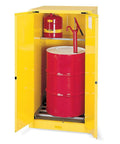 Beefy Steel Double Door Vertical Drum Safety Locker Designed For Fifty Five Gallon Flammable Solvents Self Closing with red drum and pump.