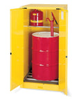 Heavy Duty 55 Gallon Steel Drum Cabinet For Flammable Liquid Storage Manual Close Safety Locker with red drums and safety equipment inside.