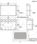 Technical drawing of Outdoor ABS Junction Box IP65 Dustproof Waterproof Electrical Enclosure dimensions, with supporting panel detail.