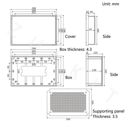 Technical drawing of Outdoor ABS Junction Box IP65 Dustproof Waterproof Electrical Enclosure dimensions, with supporting panel detail.