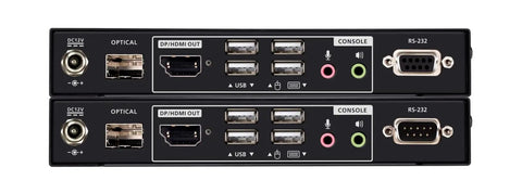 Built Heavy True 4K DisplayPort And HDMI Optical KVM Extender showing sender and receiver console ports and connectors.