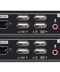 Rock Solid Fiber Optic KVM Extender Handles DisplayPort And HDMI For Flat Out True 4K Video Plus Complete Mouse Keyboard Control Up To Three Hundred Meters With Zero Sweat Setup rear view showing ports and connections.