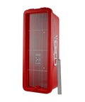 Straight Up Outdoor Fire Extinguisher Cabinet With Red Breaker Bar Mount And Hella Tough Plastic Shell For 10 Lb Abc Suppression showing durable red exterior and transparent door.