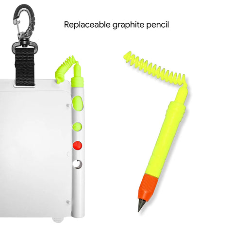 Foldable Dive Slate With Pencil For Scuba And Tech Diving Underwater Writing Board That Clips To Your BCD shown with pencil