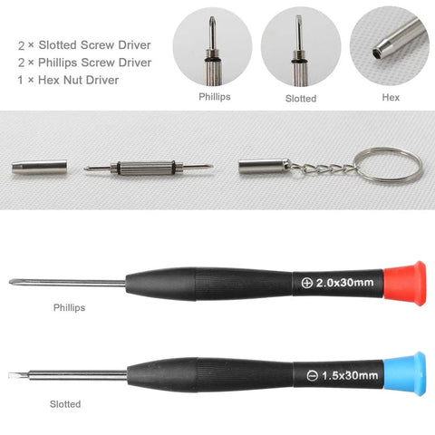 Eyeglasses And Sunglasses Repair Kit With Screws Tweezers Screwdrivers And Stainless Steel Nuts Includes 13 Screw Sizes Handy Multi Tool Gear For Glasses Watches Jewelry And Electronics Easy To Use Must Have displaying screwdrivers, slotted and Phillips head tools.